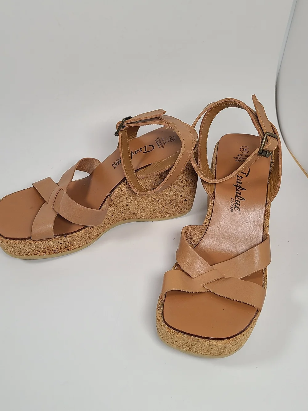 Vintage Zara Tan Leather Cork Platform Wedge Sandals Y2K Size 36